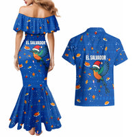 El Salvador Christmas Couples Matching Mermaid Dress and Hawaiian Shirt with Santa Hat Motmot Bird Traditional Foods and Blue Festive Pattern Design - Wonder Print Shop