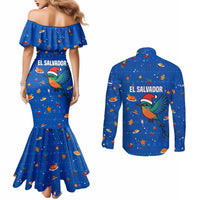 El Salvador Christmas Couples Matching Mermaid Dress and Long Sleeve Button Shirt with Santa Hat Motmot Bird Traditional Foods and Blue Festive Pattern Design - Wonder Print Shop