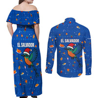El Salvador Christmas Couples Matching Off Shoulder Maxi Dress and Long Sleeve Button Shirt with Santa Hat Motmot Bird Traditional Foods and Blue Festive Pattern Design - Wonder Print Shop