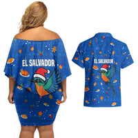 El Salvador Christmas Couples Matching Off Shoulder Short Dress and Hawaiian Shirt with Santa Hat Motmot Bird Traditional Foods and Blue Festive Pattern Design - Wonder Print Shop