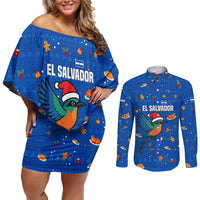El Salvador Christmas Couples Matching Off Shoulder Short Dress and Long Sleeve Button Shirt with Santa Hat Motmot Bird Traditional Foods and Blue Festive Pattern Design - Wonder Print Shop