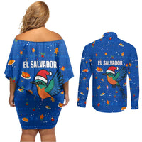 El Salvador Christmas Couples Matching Off Shoulder Short Dress and Long Sleeve Button Shirt with Santa Hat Motmot Bird Traditional Foods and Blue Festive Pattern Design - Wonder Print Shop