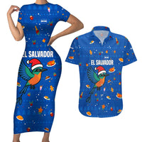 El Salvador Christmas Couples Matching Short Sleeve Bodycon Dress and Hawaiian Shirt with Santa Hat Motmot Bird Traditional Foods and Blue Festive Pattern Design - Wonder Print Shop