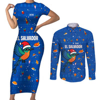 El Salvador Christmas Couples Matching Short Sleeve Bodycon Dress and Long Sleeve Button Shirt with Santa Hat Motmot Bird Traditional Foods and Blue Festive Pattern Design - Wonder Print Shop