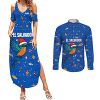 El Salvador Christmas Couples Matching Summer Maxi Dress and Long Sleeve Button Shirt with Santa Hat Motmot Bird Traditional Foods and Blue Festive Pattern Design - Wonder Print Shop