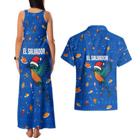 El Salvador Christmas Couples Matching Tank Maxi Dress and Hawaiian Shirt with Santa Hat Motmot Bird Traditional Foods and Blue Festive Pattern Design - Wonder Print Shop
