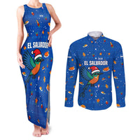 El Salvador Christmas Couples Matching Tank Maxi Dress and Long Sleeve Button Shirt with Santa Hat Motmot Bird Traditional Foods and Blue Festive Pattern Design - Wonder Print Shop