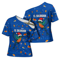 El Salvador Christmas Cross Shoulder Shirt with Santa Hat Motmot Bird Traditional Foods and Blue Festive Pattern Design - Wonder Print Shop
