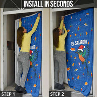 El Salvador Christmas Door Cover with Santa Hat Motmot Bird Traditional Foods and Blue Festive Pattern Design - Wonder Print Shop