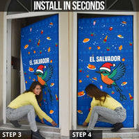El Salvador Christmas Door Cover with Santa Hat Motmot Bird Traditional Foods and Blue Festive Pattern Design - Wonder Print Shop