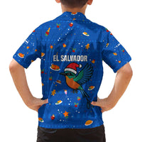 El Salvador Christmas Family Matching Off The Shoulder Long Sleeve Dress and Hawaiian Shirt with Santa Hat Motmot Bird Traditional Foods and Blue Festive Pattern Design - Wonder Print Shop