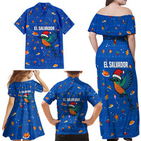 El Salvador Christmas Family Matching Off Shoulder Maxi Dress and Hawaiian Shirt with Santa Hat Motmot Bird Traditional Foods and Blue Festive Pattern Design - Wonder Print Shop