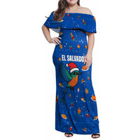 El Salvador Christmas Family Matching Off Shoulder Maxi Dress and Hawaiian Shirt with Santa Hat Motmot Bird Traditional Foods and Blue Festive Pattern Design - Wonder Print Shop