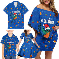 El Salvador Christmas Family Matching Off Shoulder Short Dress and Hawaiian Shirt with Santa Hat Motmot Bird Traditional Foods and Blue Festive Pattern Design - Wonder Print Shop