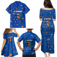 El Salvador Christmas Family Matching Puletasi and Hawaiian Shirt with Santa Hat Motmot Bird Traditional Foods and Blue Festive Pattern Design - Wonder Print Shop