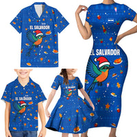 El Salvador Christmas Family Matching Short Sleeve Bodycon Dress and Hawaiian Shirt with Santa Hat Motmot Bird Traditional Foods and Blue Festive Pattern Design - Wonder Print Shop