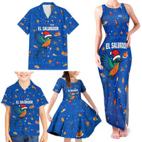 El Salvador Christmas Family Matching Tank Maxi Dress and Hawaiian Shirt with Santa Hat Motmot Bird Traditional Foods and Blue Festive Pattern Design - Wonder Print Shop