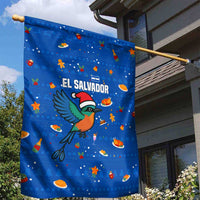 El Salvador Christmas Garden Flag with Santa Hat Motmot Bird Traditional Foods and Blue Festive Pattern Design - Wonder Print Shop