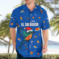 El Salvador Christmas Hawaiian Shirt with Santa Hat Motmot Bird Traditional Foods and Blue Festive Pattern Design - Wonder Print Shop