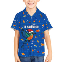 El Salvador Christmas Hawaiian Shirt with Santa Hat Motmot Bird Traditional Foods and Blue Festive Pattern Design - Wonder Print Shop