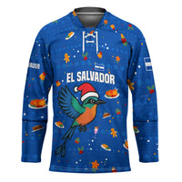 El Salvador Christmas Hockey Jersey with Santa Hat Motmot Bird Traditional Foods and Blue Festive Pattern Design - Wonder Print Shop