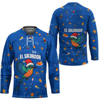 El Salvador Christmas Hockey Jersey with Santa Hat Motmot Bird Traditional Foods and Blue Festive Pattern Design - Wonder Print Shop