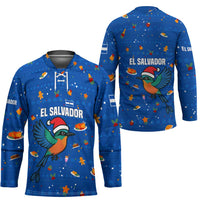 El Salvador Christmas Hockey Jersey with Santa Hat Motmot Bird Traditional Foods and Blue Festive Pattern Design - Wonder Print Shop