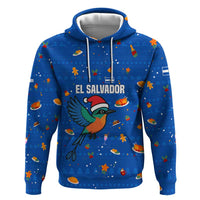 El Salvador Christmas Hoodie with Santa Hat Motmot Bird Traditional Foods and Blue Festive Pattern Design - Wonder Print Shop