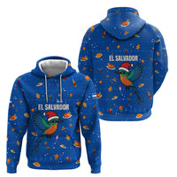El Salvador Christmas Hoodie with Santa Hat Motmot Bird Traditional Foods and Blue Festive Pattern Design - Wonder Print Shop