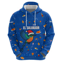 El Salvador Christmas Hoodie with Santa Hat Motmot Bird Traditional Foods and Blue Festive Pattern Design - Wonder Print Shop