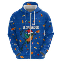 El Salvador Christmas Hoodie with Santa Hat Motmot Bird Traditional Foods and Blue Festive Pattern Design - Wonder Print Shop
