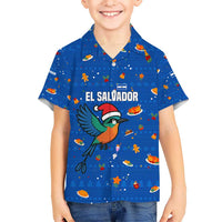 El Salvador Christmas Kid Hawaiian Shirt with Santa Hat Motmot Bird Traditional Foods and Blue Festive Pattern Design - Wonder Print Shop