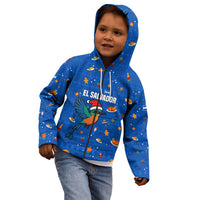 El Salvador Christmas Kid Hoodie with Santa Hat Motmot Bird Traditional Foods and Blue Festive Pattern Design - Wonder Print Shop