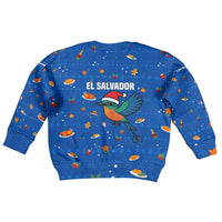 El Salvador Christmas Kid Ugly Christmas Sweater with Santa Hat Motmot Bird Traditional Foods and Blue Festive Pattern Design - Wonder Print Shop