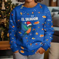 El Salvador Christmas Kid Ugly Christmas Sweater with Santa Hat Motmot Bird Traditional Foods and Blue Festive Pattern Design - Wonder Print Shop