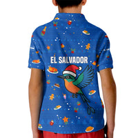 El Salvador Christmas Kid Polo Shirt with Santa Hat Motmot Bird Traditional Foods and Blue Festive Pattern Design - Wonder Print Shop