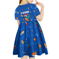 El Salvador Christmas Kid Short Sleeve Dress with Santa Hat Motmot Bird Traditional Foods and Blue Festive Pattern Design - Wonder Print Shop