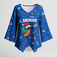 El Salvador Christmas Kimono Sleeve Blouse with Santa Hat Motmot Bird Traditional Foods and Blue Festive Pattern Design - Wonder Print Shop