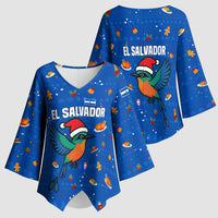 El Salvador Christmas Kimono Sleeve Blouse with Santa Hat Motmot Bird Traditional Foods and Blue Festive Pattern Design - Wonder Print Shop