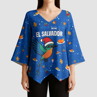 El Salvador Christmas Kimono Sleeve Blouse with Santa Hat Motmot Bird Traditional Foods and Blue Festive Pattern Design - Wonder Print Shop