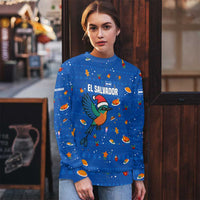 El Salvador Christmas Ugly Christmas Sweater with Santa Hat Motmot Bird Traditional Foods and Blue Festive Pattern Design - Wonder Print Shop