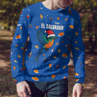 El Salvador Christmas Ugly Christmas Sweater with Santa Hat Motmot Bird Traditional Foods and Blue Festive Pattern Design - Wonder Print Shop