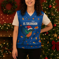 El Salvador Christmas Knitted V-Neck Vest with Santa Hat Motmot Bird Traditional Foods and Blue Festive Pattern Design - Wonder Print Shop