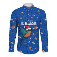 El Salvador Christmas Long Sleeve Button Shirt with Santa Hat Motmot Bird Traditional Foods and Blue Festive Pattern Design - Wonder Print Shop