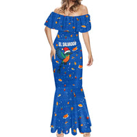 El Salvador Christmas Mermaid Dress with Santa Hat Motmot Bird Traditional Foods and Blue Festive Pattern Design - Wonder Print Shop