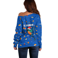 El Salvador Christmas Off Shoulder Sweater with Santa Hat Motmot Bird Traditional Foods and Blue Festive Pattern Design - Wonder Print Shop