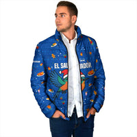 El Salvador Christmas Padded Jacket with Santa Hat Motmot Bird Traditional Foods and Blue Festive Pattern Design - Wonder Print Shop
