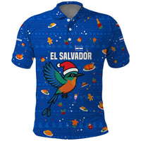 El Salvador Christmas Polo Shirt with Santa Hat Motmot Bird Traditional Foods and Blue Festive Pattern Design - Wonder Print Shop