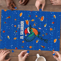 El Salvador Christmas Puzzle with Santa Hat Motmot Bird Traditional Foods and Blue Festive Pattern Design - Wonder Print Shop
