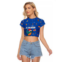 El Salvador Christmas Raglan Cropped T Shirt with Santa Hat Motmot Bird Traditional Foods and Blue Festive Pattern Design - Wonder Print Shop